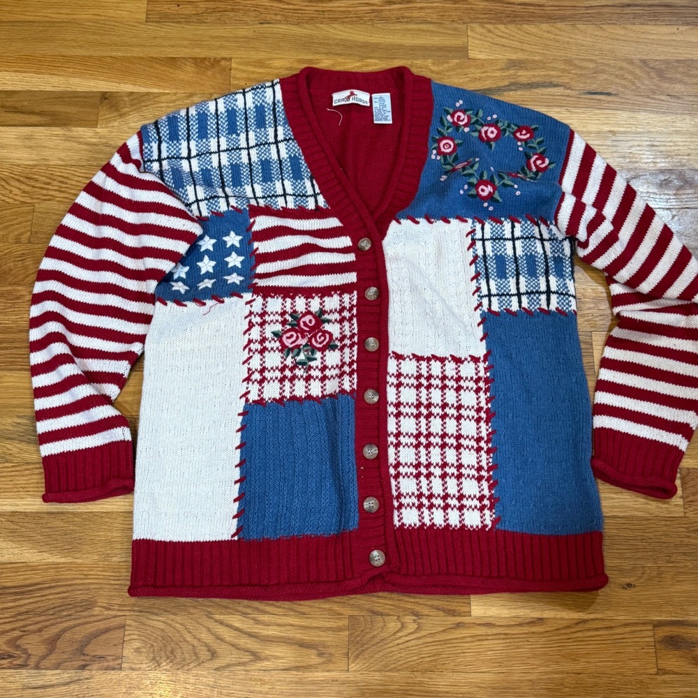 Crazy Horse Vintage Patchwork Cardigan Sweater Red White Blue Americana Floral L - Picture 2 of 7